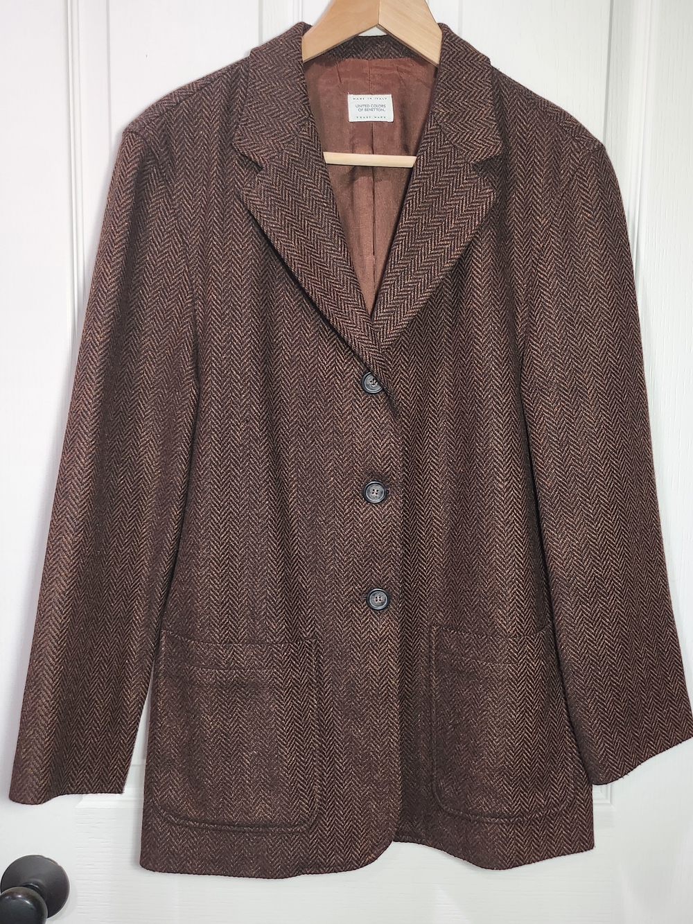 Vintage 90s Benetton Wool Herringbone Blazer Brown Size 6 Made In Italy